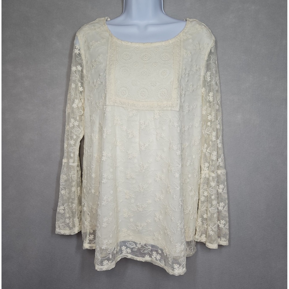 Indigo Soul Womens Ivory Lace Overlay Boho Tunic Blouse Bell Sleeve Size Medium